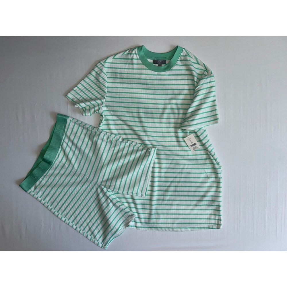 NWT LOFT Green Stripe Tee & Shorts PJ Set | Size XS